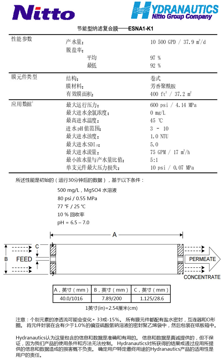 美國海德能納濾膜ESNA1-K1參數(shù)規(guī)格